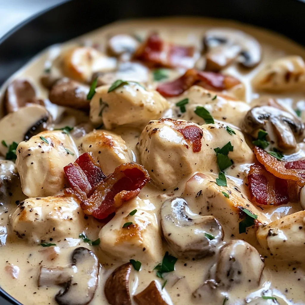 Creamy Chicken & Bacon Stroganoff with Garlic Naan, Rice & Crispy Fries