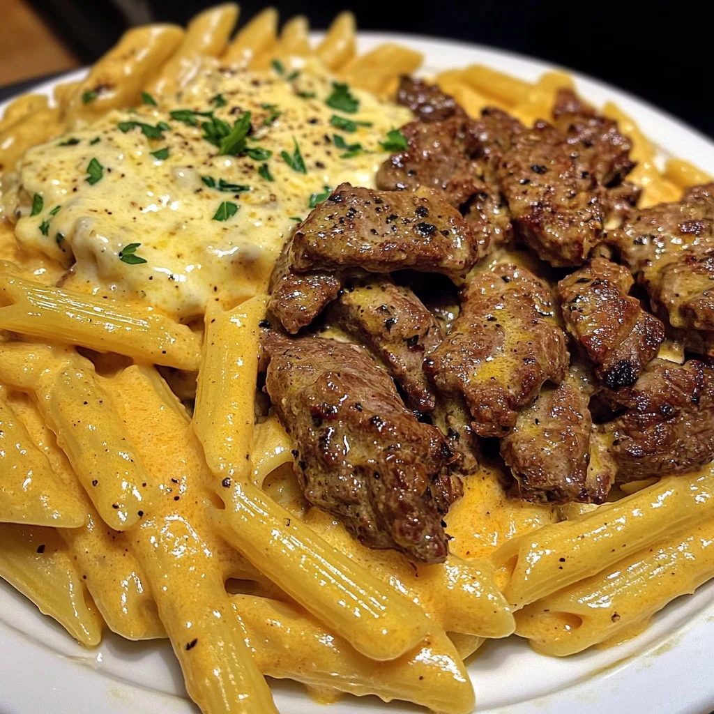 Garlic Butter Cajun Beef Penne in Velvety Cheese Sauce