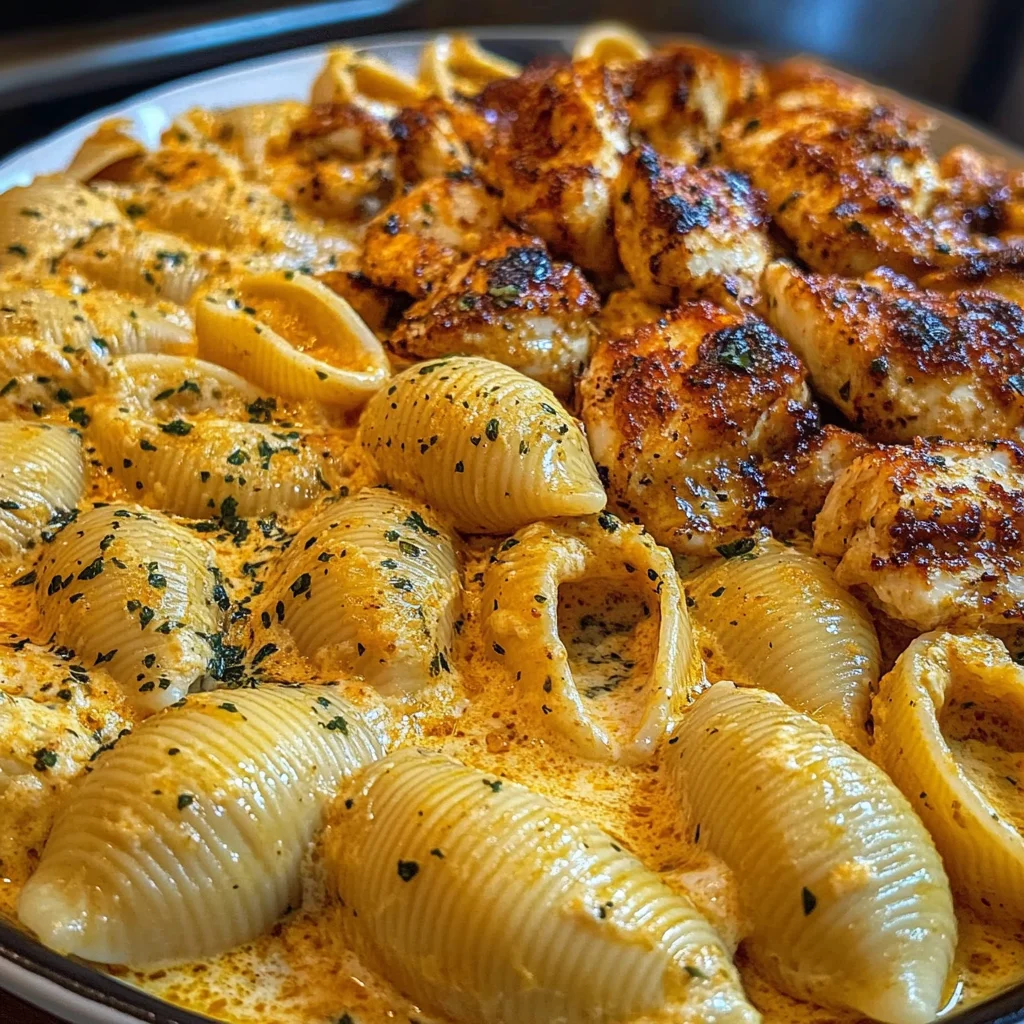 Garlic Cajun Chicken Shells in Velveeta Cream Sauce