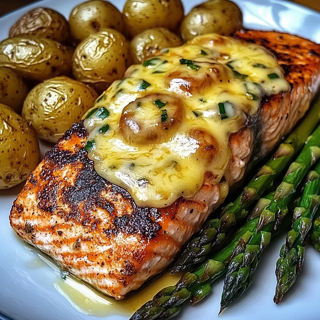 Grilled Salmon with Garlic Potatoes & Cheesy Asparagus