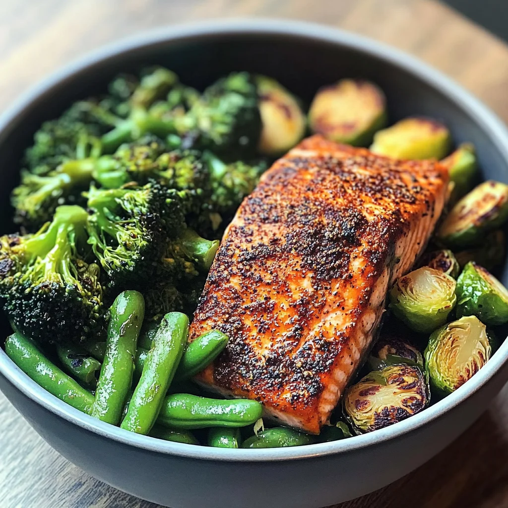 Spiced Salmon Bowl with Roasted Brussels, Sautéed Greens & Steamed Broccoli