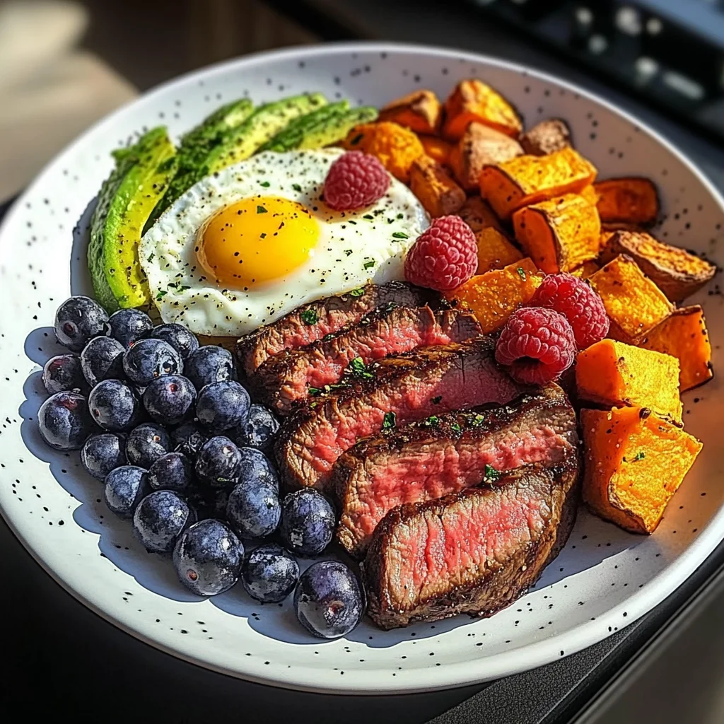 Steak & Sunny Eggs Power Plate with Sweet Potato, Avocado & Berries