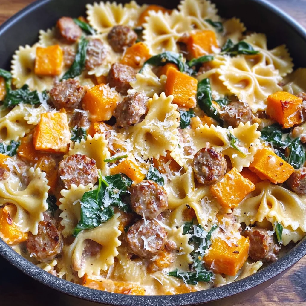 Creamy Roasted Butternut Squash Pasta with Sausage and Spinach