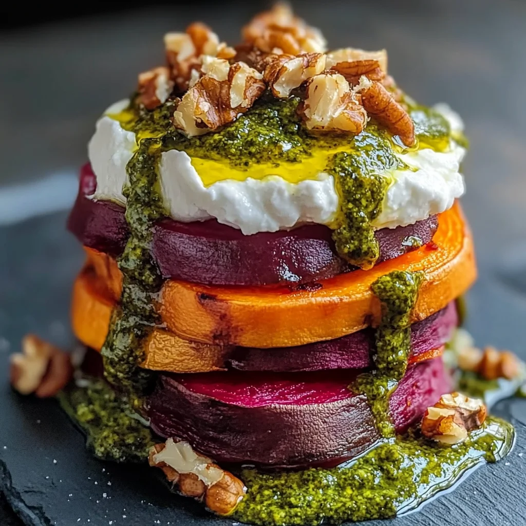 Sweet Potato & Beet Stacks with Pesto, Burrata & Walnuts Recipe