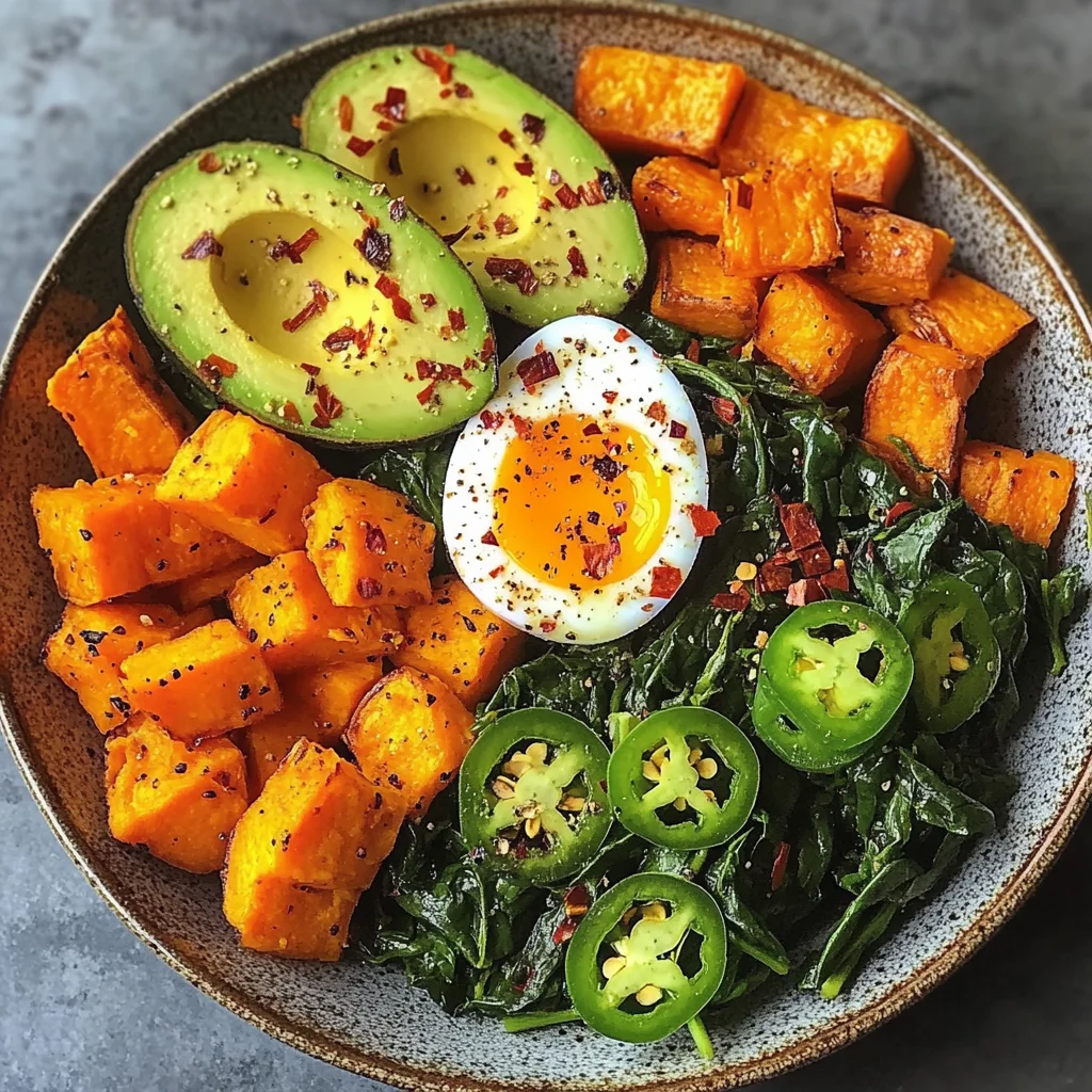 Avocado Power Plate with Jammy Eggs, Spinach & Sweet Potatoes
