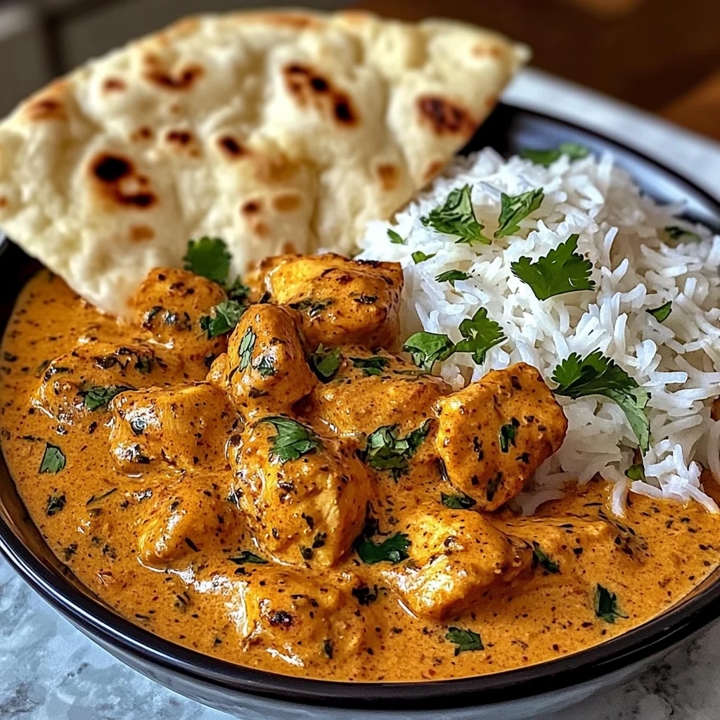Butter Chicken with Coriander, Rice, and Naan