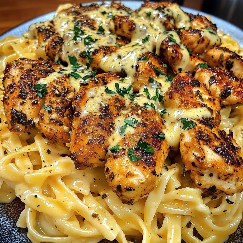 Cajun Chicken Bites with Cheesy Alfredo Linguine