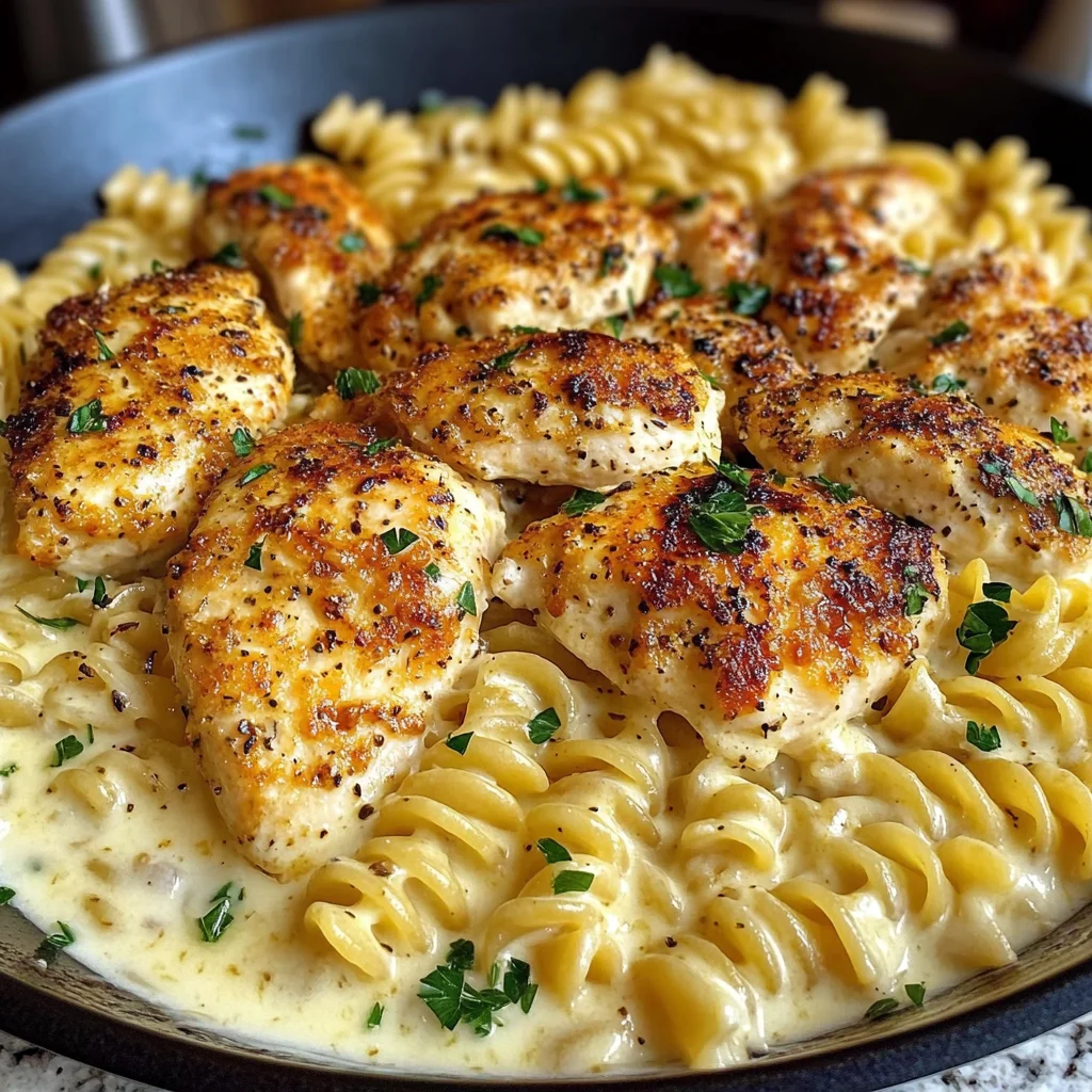 Cajun Garlic Chicken with Creamy Mozzarella Alfredo Twisted Pasta