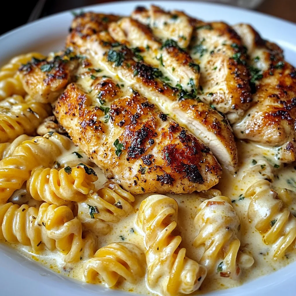 Cheesy Garlic Chicken with Twisted Pasta in Velveeta Cream Sauce