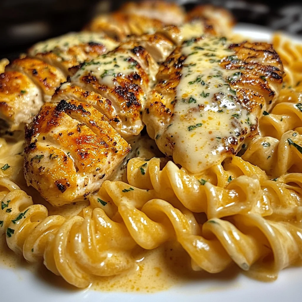 Cheesy Garlic Chicken with Twisted Pasta in Velveeta Cream Sauce