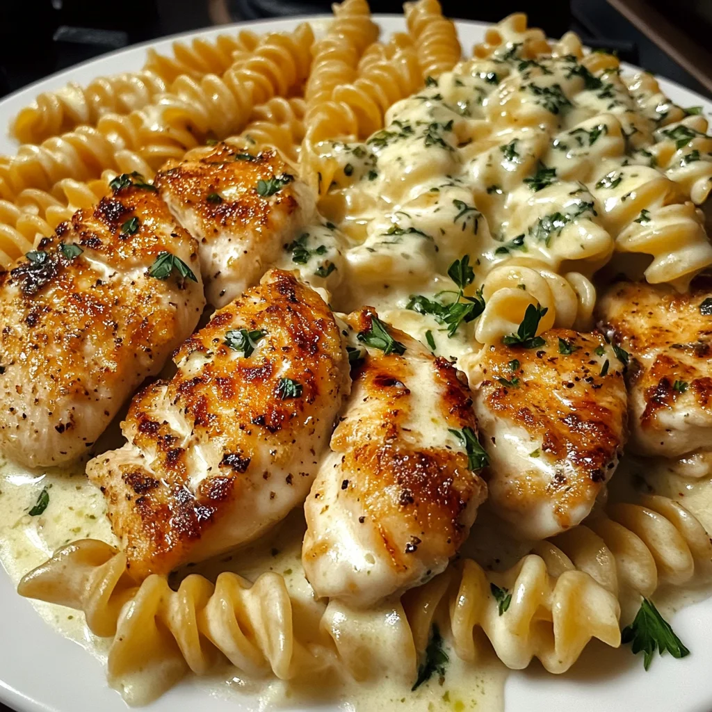 Creamy Garlic Chicken and Rotini with Mozzarella Alfredo