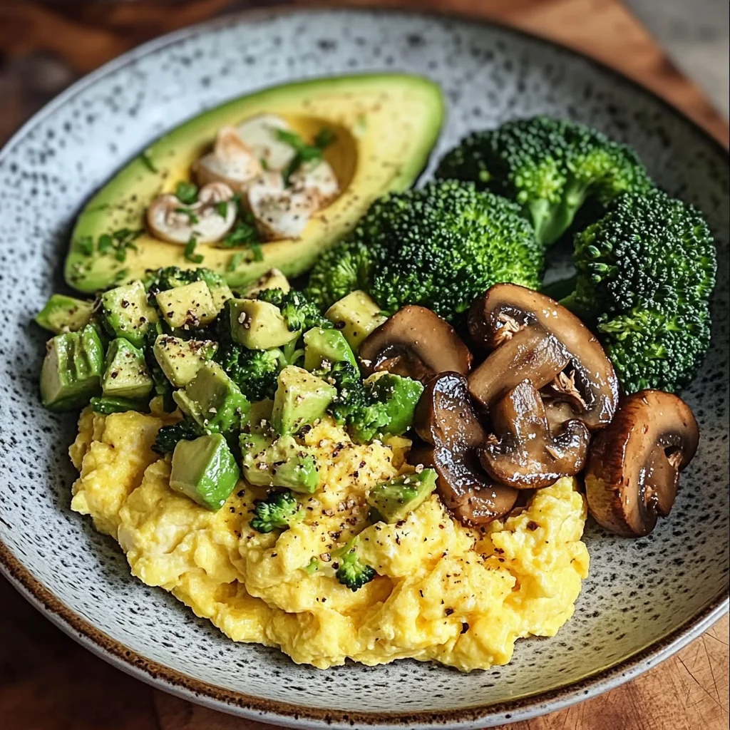 Creamy Scrambled Eggs with Avocado, Sautéed Mushrooms & Broccoli