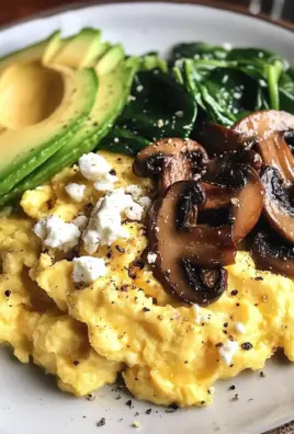 Creamy Scrambled Eggs with Sautéed Mushrooms, Spinach & Avocado
