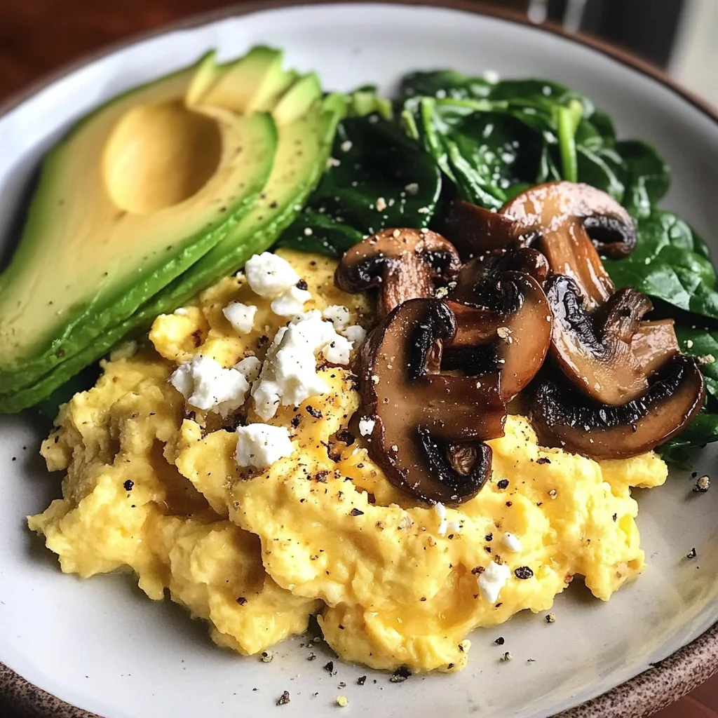 Creamy Scrambled Eggs with Sautéed Mushrooms, Spinach & Avocado