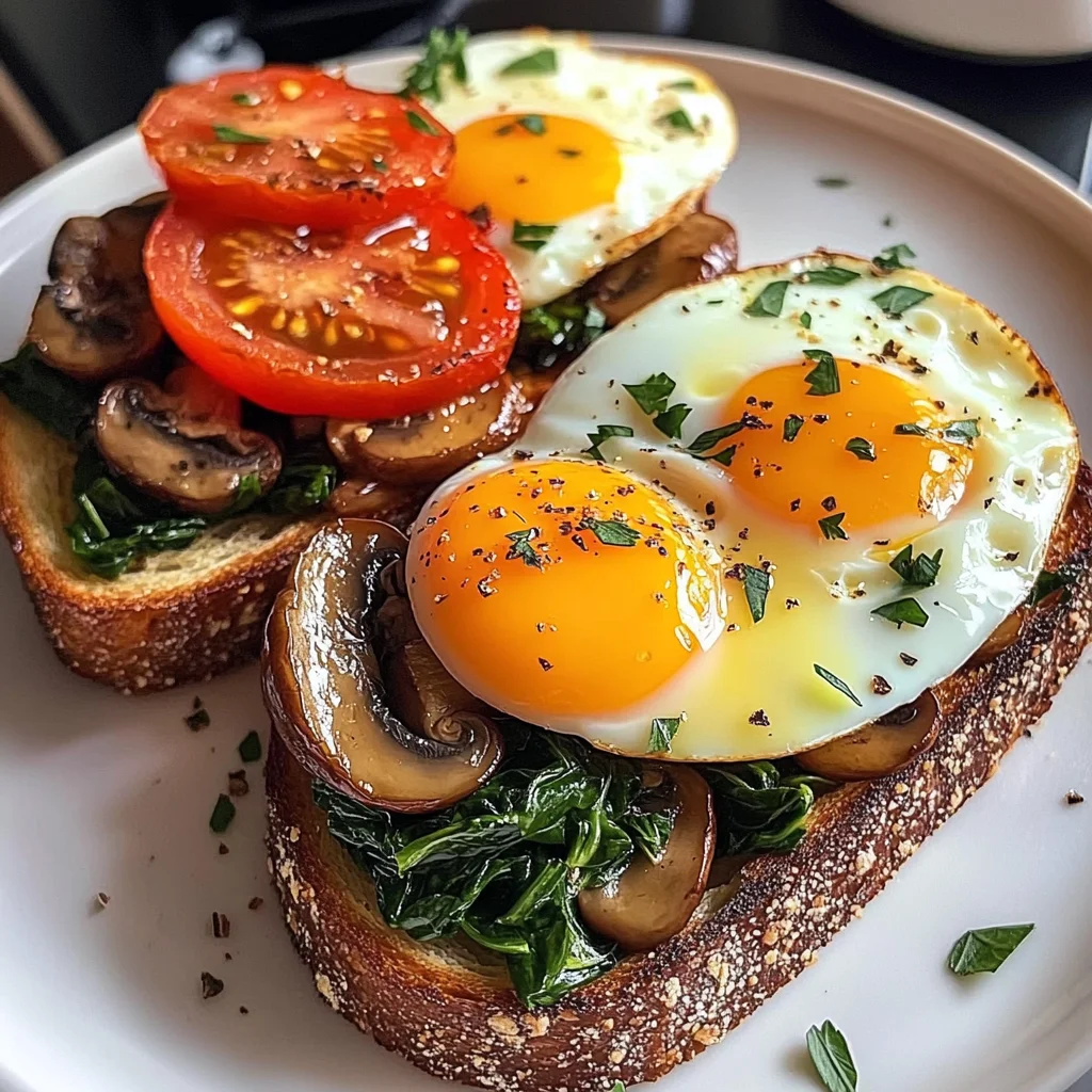 Creamy Tomato & Mushroom Toast Plate with Jammy Eggs & Spinach