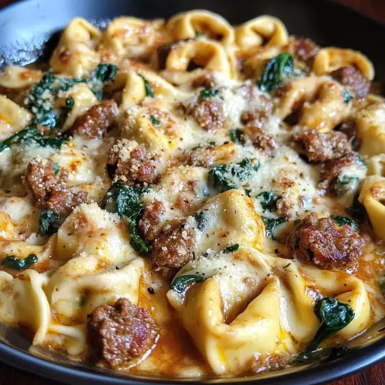 Creamy Tortellini Pasta with Beef, Spinach & Italian Sausage