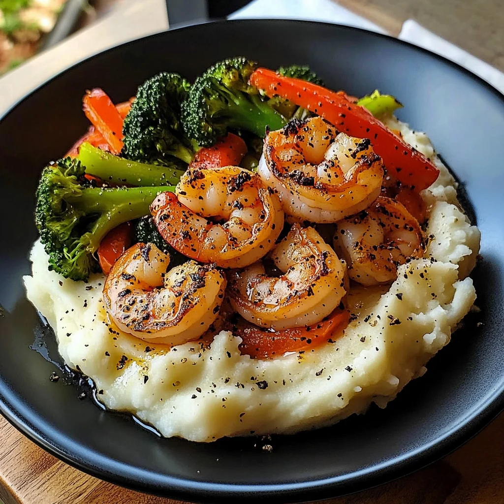 Garlic Butter Shrimp with Sautéed Veggies & Creamy Mashed Potatoes