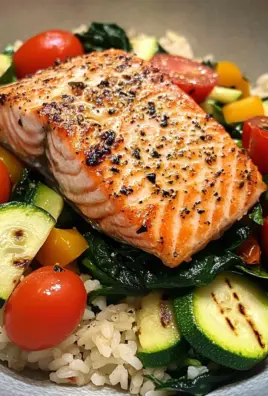 Pan-Seared Salmon on Garlic Veggie Rice Bowl