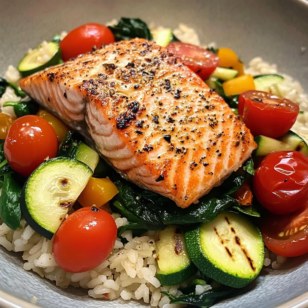 Pan-Seared Salmon on Garlic Veggie Rice Bowl