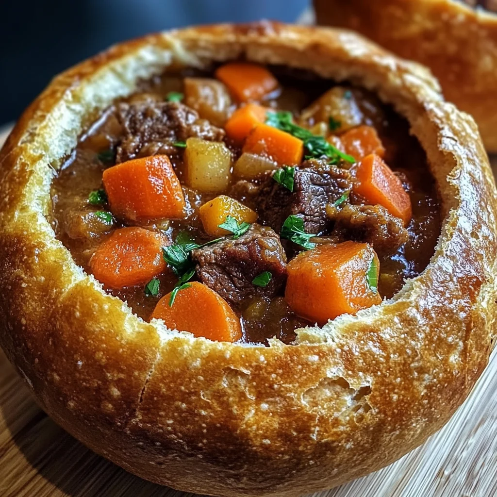 Rustic Beef Stew in Crusty Bread Bowls