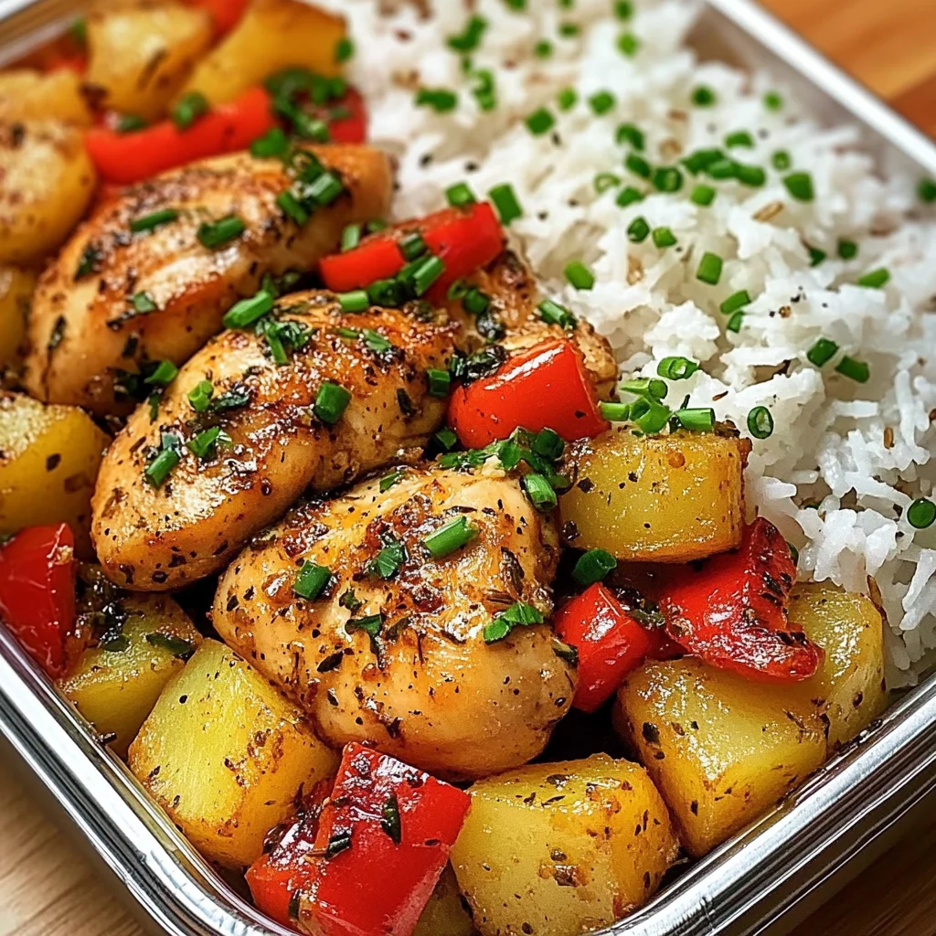 Savory Herb Chicken with Roasted Potatoes, Bell Peppers & Steamed Rice