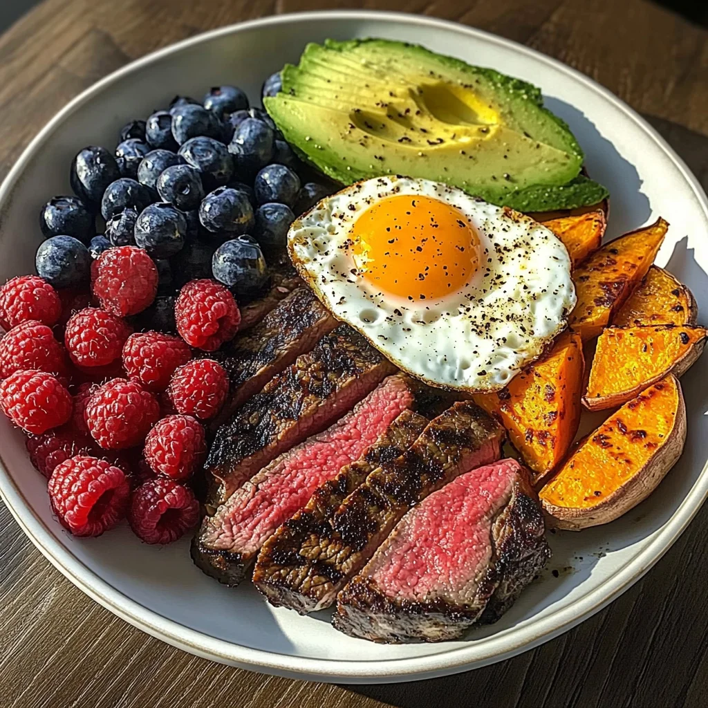 Steak & Sunny Eggs Power Plate with Sweet Potato, Avocado & Berries