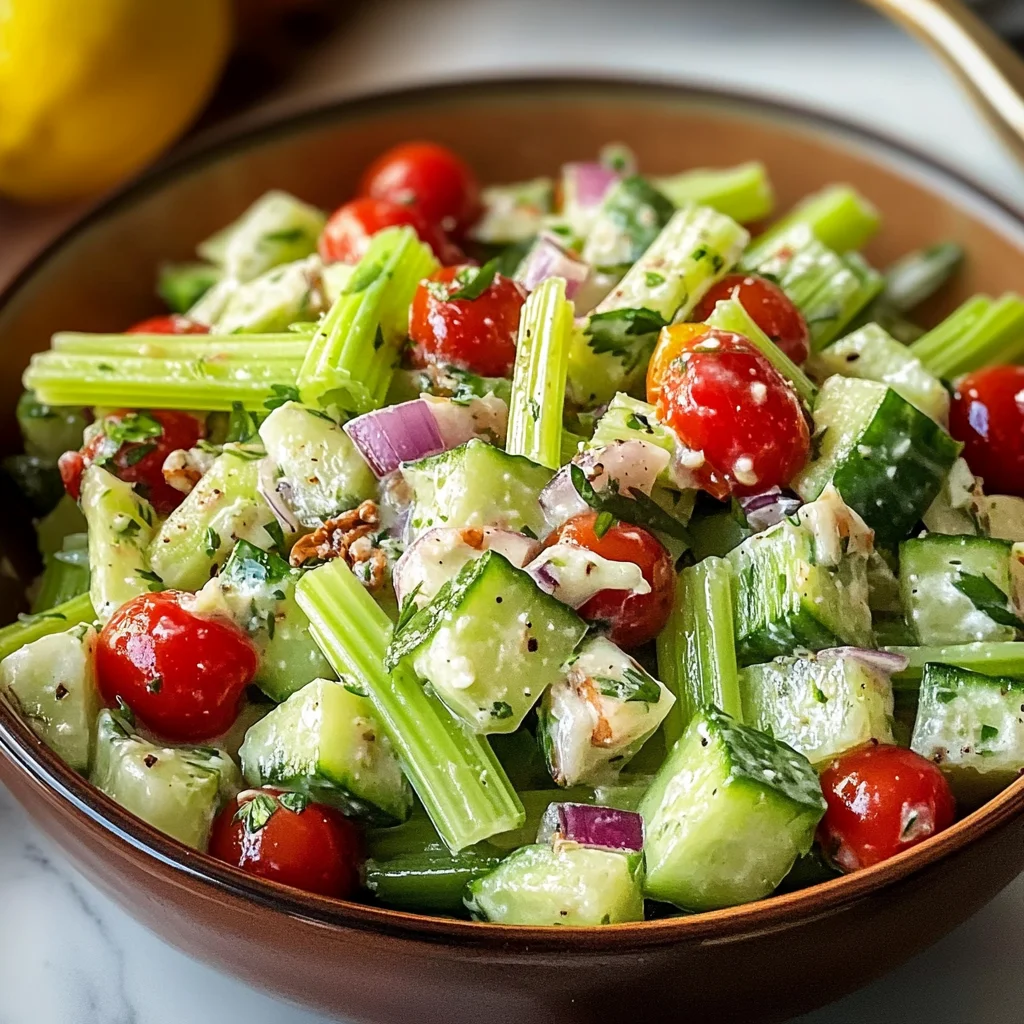 Celery Salad with Cherry Tomatoes, Cucumber, and Lemon Dressing Recipe