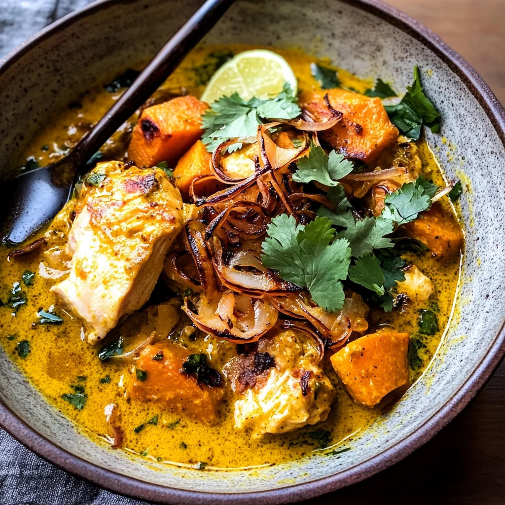 Crockpot Coconut Chicken Curry with Crispy Shallot Basil Oil