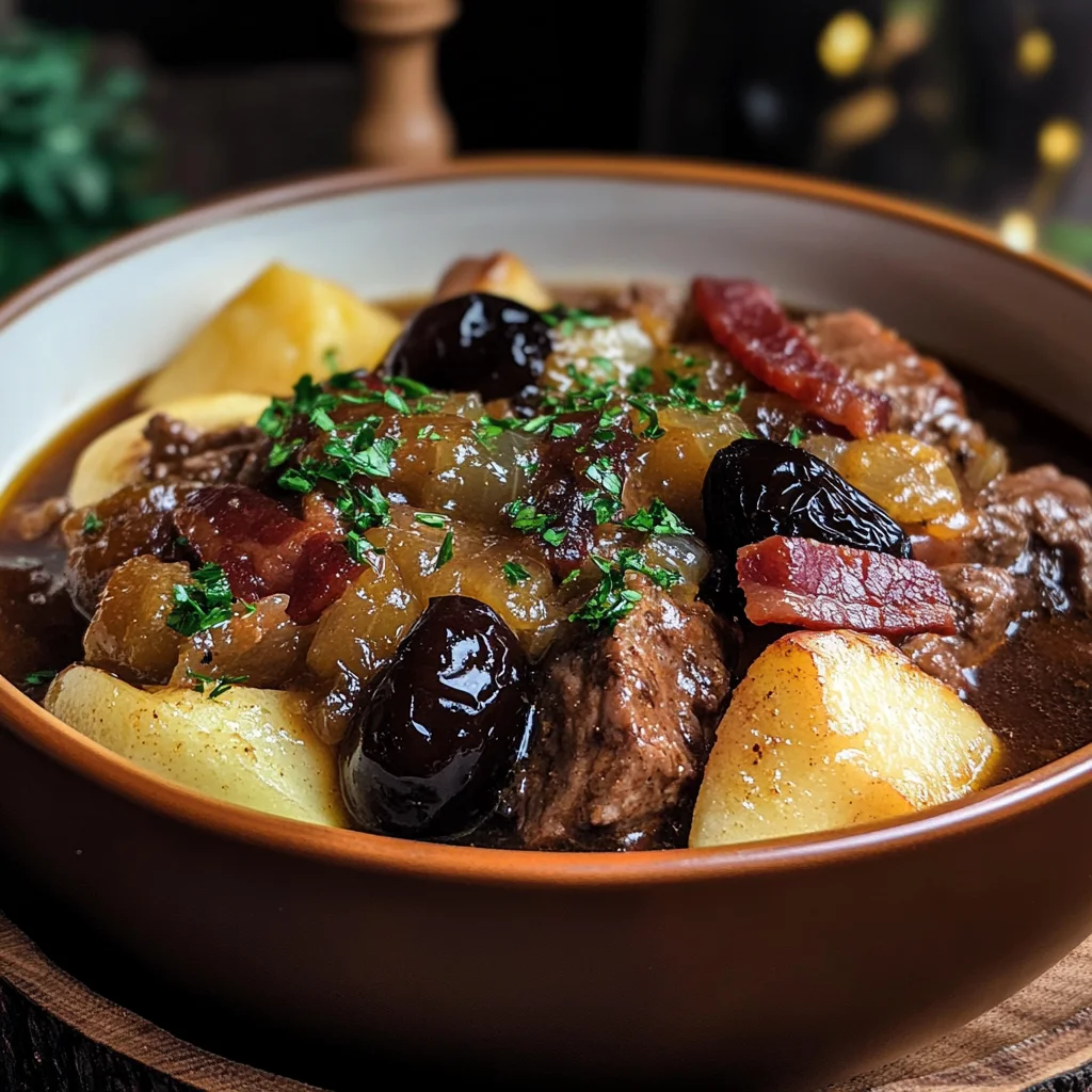 beef Stew with Turkey Bacon, Apples, and Prunes