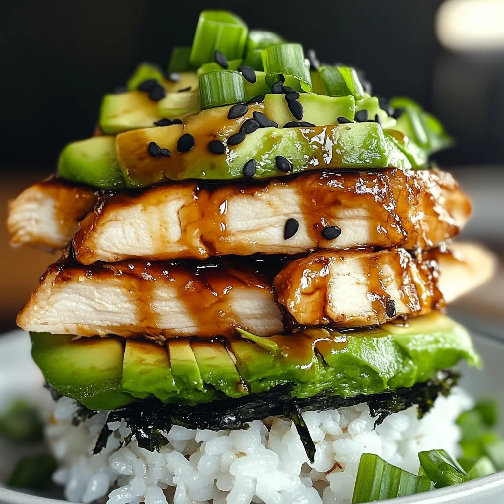 Teriyaki Chicken Avocado Rice Stack